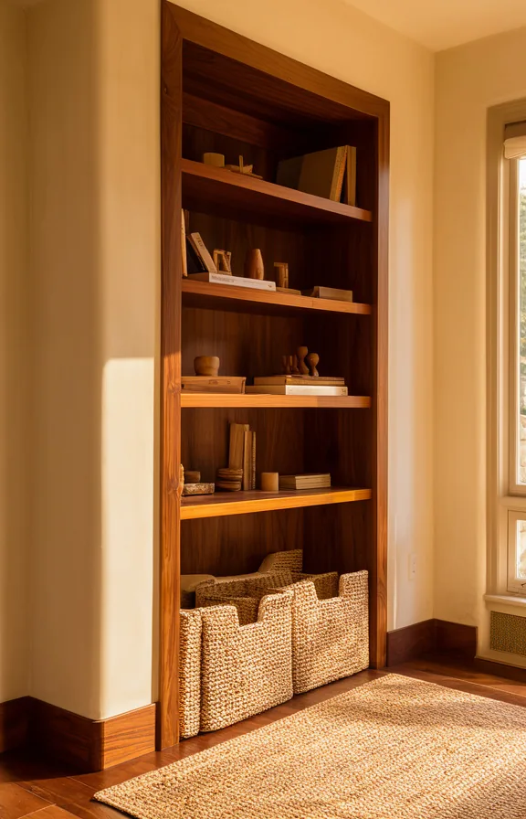 cream plaster walls, natural fiber basket storage, woven jute rug detail