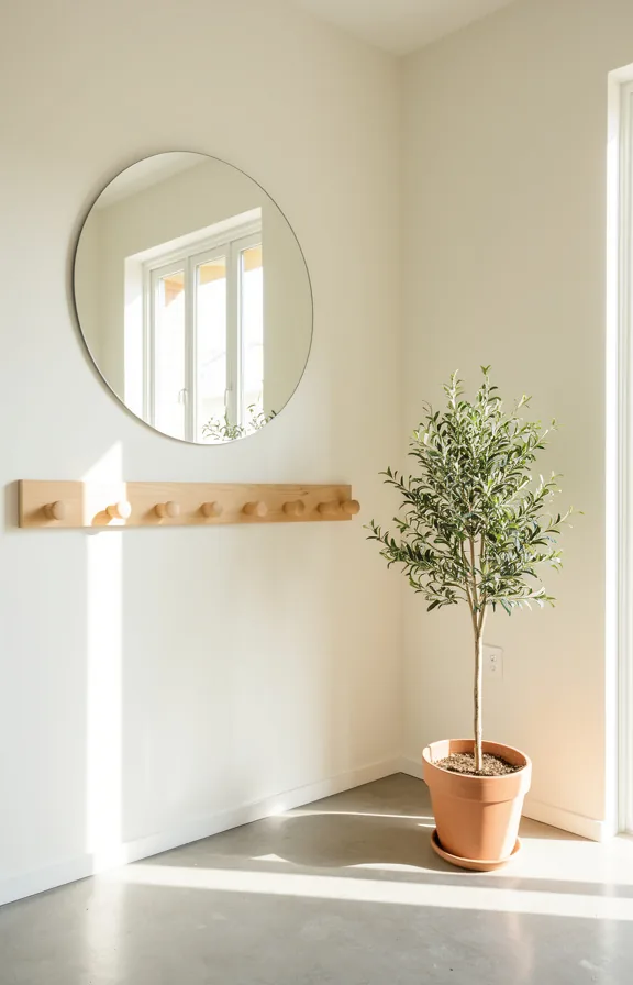Three-quarter angle of bright entryway corner with oversized round mirror on white wall