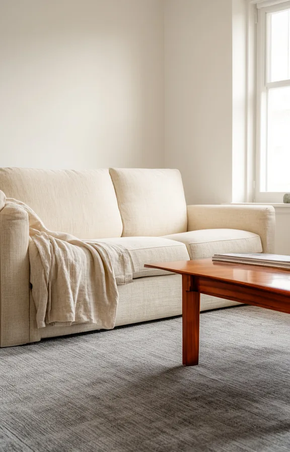 natural linen throw draped over arm, polished wood coffee table