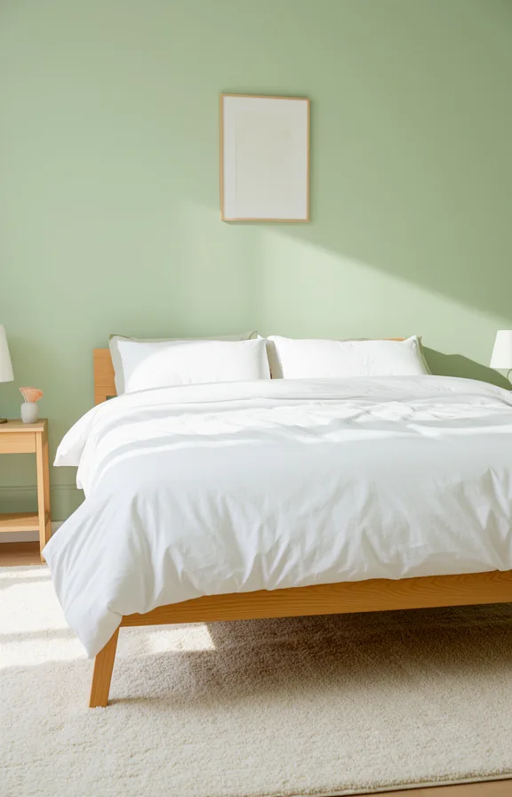 white bedding, light oak wooden frame, soft wool area rug in cream