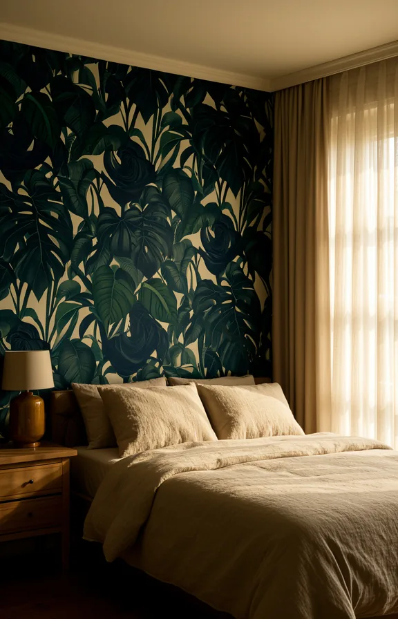 cream ceiling, wooden nightstand, soft linen bedding