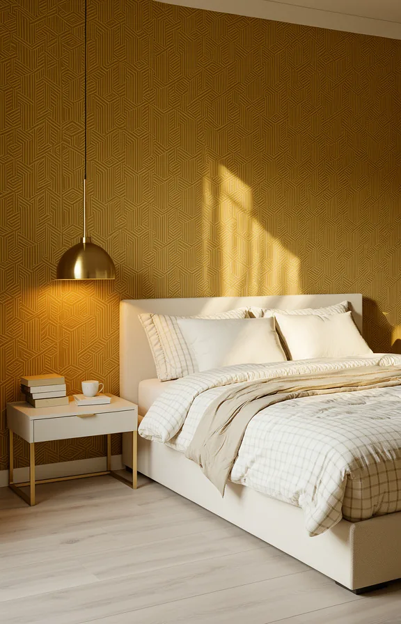 Medium shot bedroom with geometric wallpaper in warm brass tones and cream