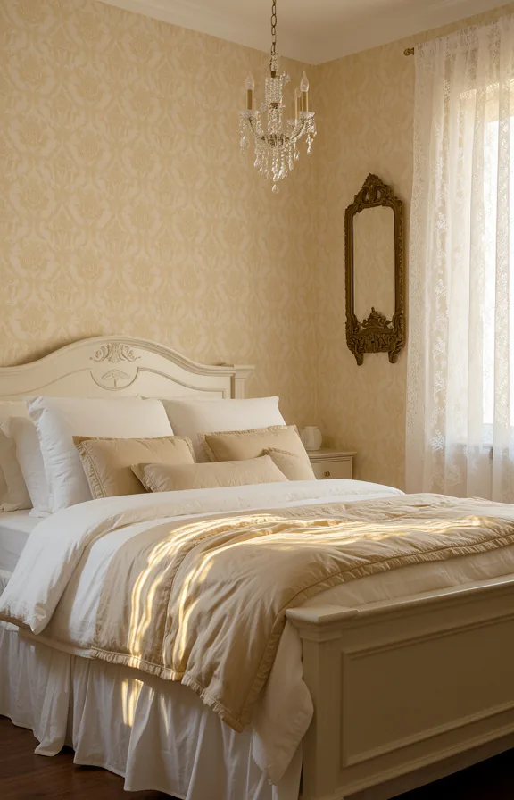 white painted bed frame, layered white and ivory bedding