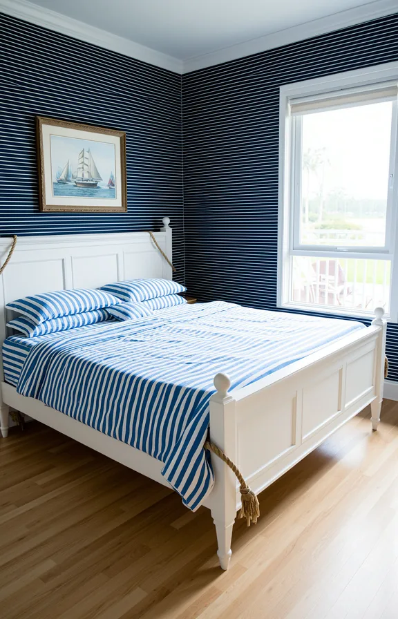 Three-quarter angle bedroom with navy horizontal stripe wallpaper