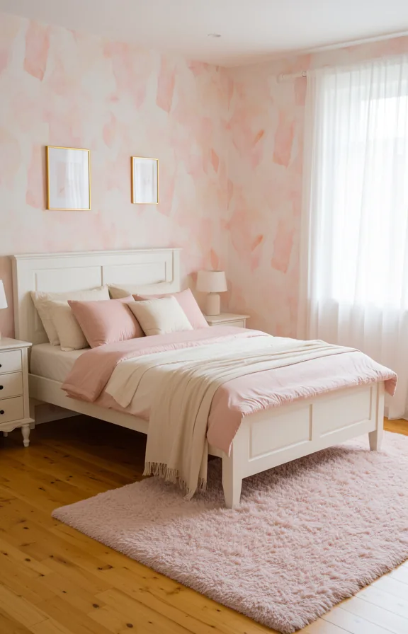 Medium shot bedroom with blush watercolor abstract wallpaper