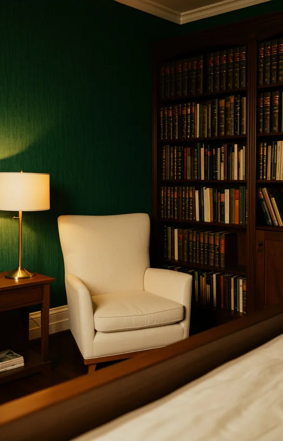 dark wood bookshelf with leather-bound books, comfortable reading chair upholstered in cream