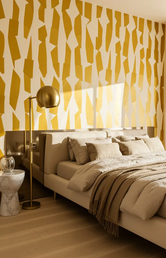Three-quarter view bedroom with bold geometric wallpaper featuring golden shapes on cream