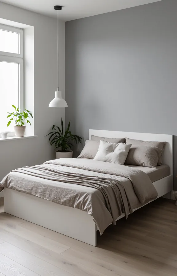 Medium shot bedroom with soft grey minimalist wallpaper