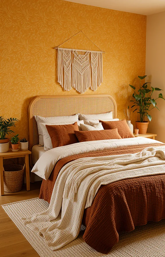 rattan bed headboard detail, layered textiles in earth tones and cream