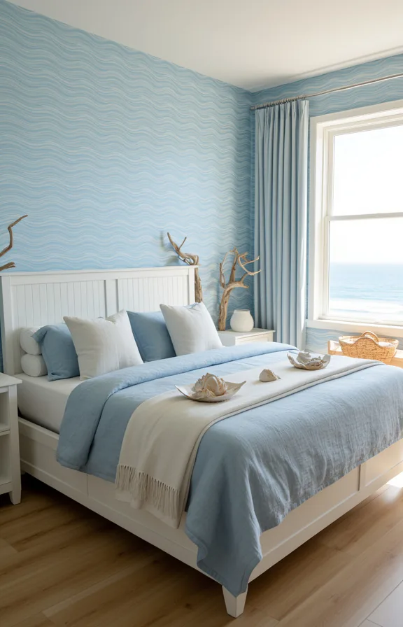 Three-quarter view bedroom with cool blue coastal wallpaper featuring subtle waves