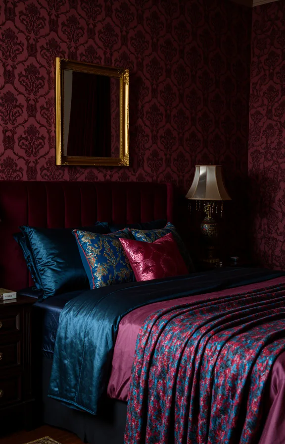 Medium shot bedroom with burgundy damask wallpaper pattern