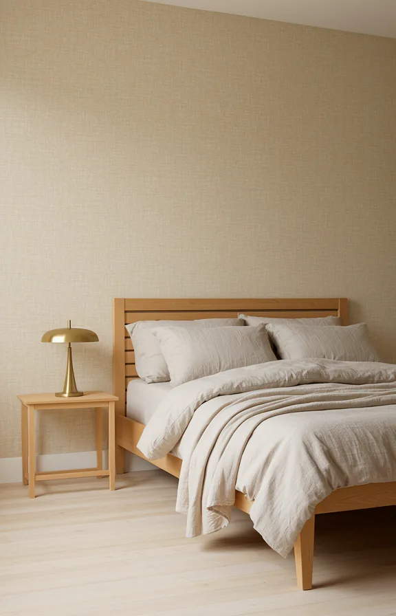 Medium shot bedroom with soft linen-textured peel and stick wallpaper in warm beige