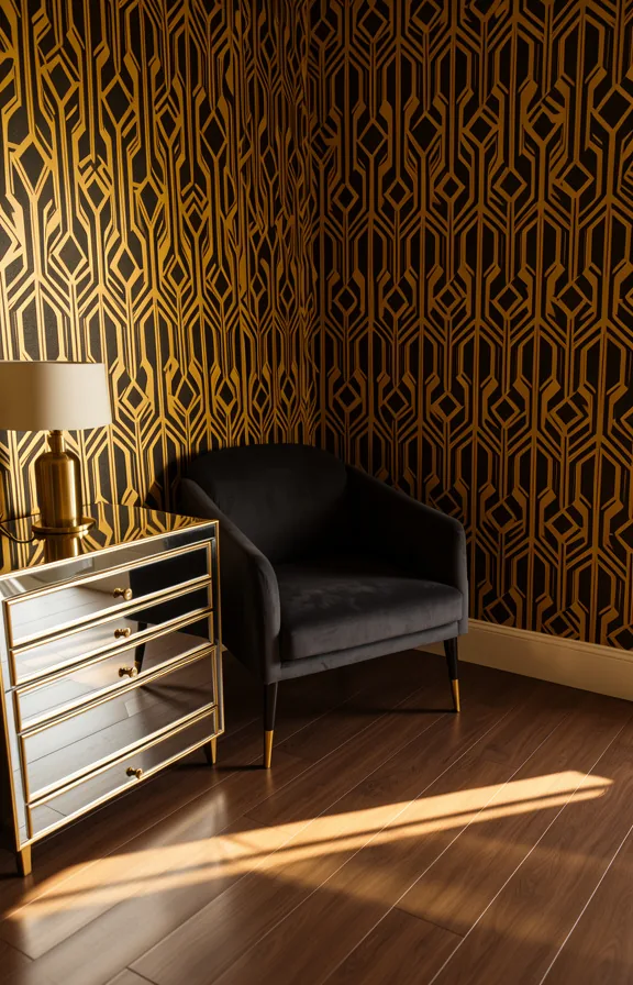 Three-quarter view bedroom with geometric Art Deco wallpaper in gold and black