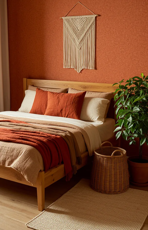 woven wall hanging, natural wood bed frame, layered textiles in rust and cream