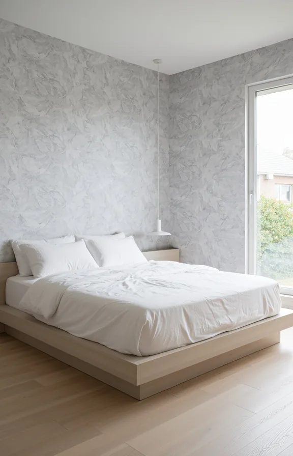 Bedroom at eye-level with cool marble-effect wallpaper in soft grey and white