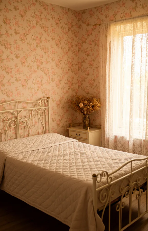 Three-quarter view of a bedroom with vintage floral wallpaper in soft pink and cream