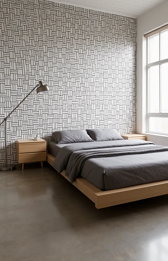 Medium shot bedroom with modern geometric grid pattern wallpaper in black and white