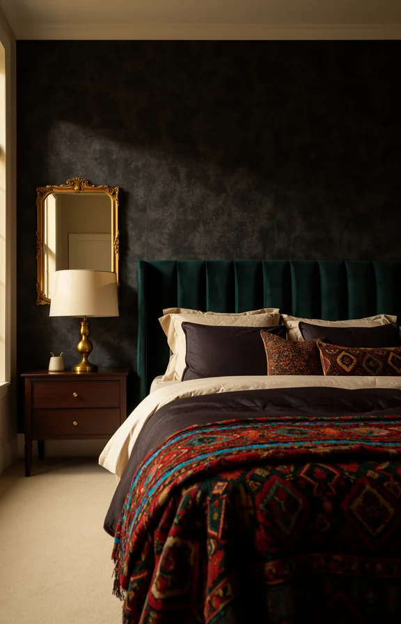 velvet upholstered bed headboard, brass table lamp, rich jewel-toned throw