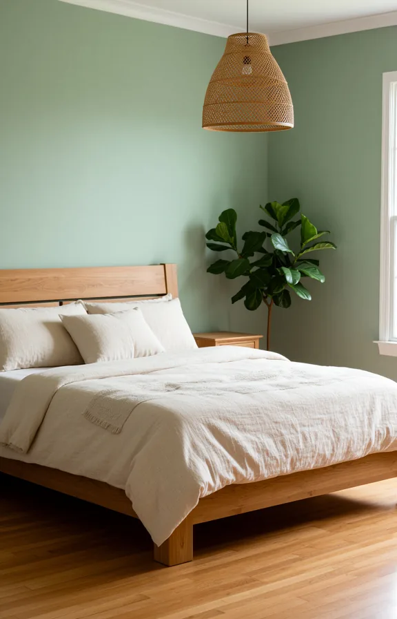 Three-quarter view bedroom with soft sage green peel and stick wallpaper