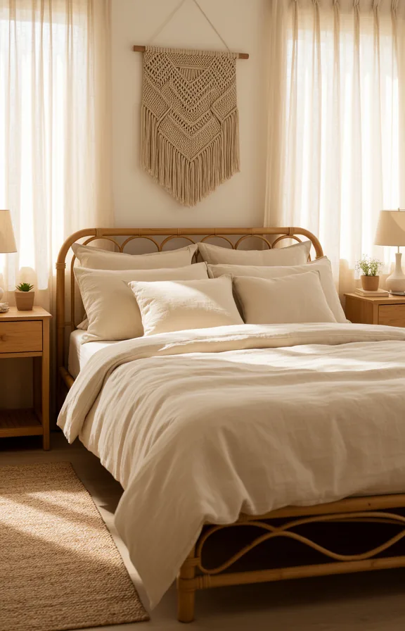 flowing cream linen bedding, woven wall hanging above headboard