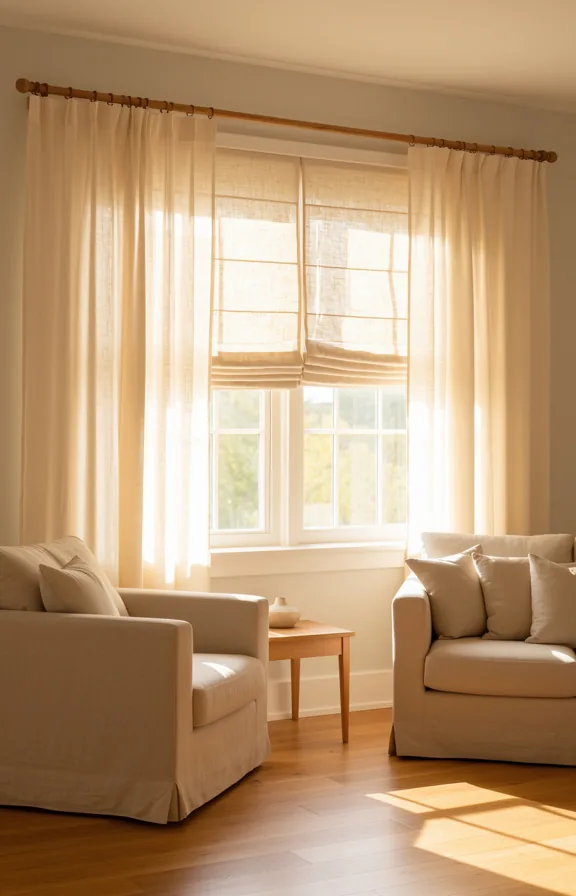 Full living room with cream linen curtains framing large window