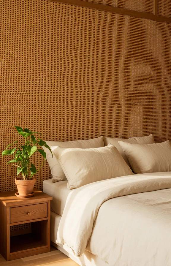 cream linen bedding, wooden nightstands, potted plant on table
