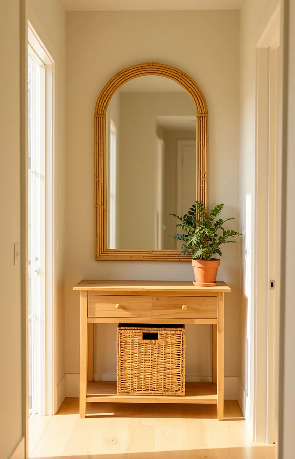 3/4 hallway view with large rattan-framed mirror reflecting natural light