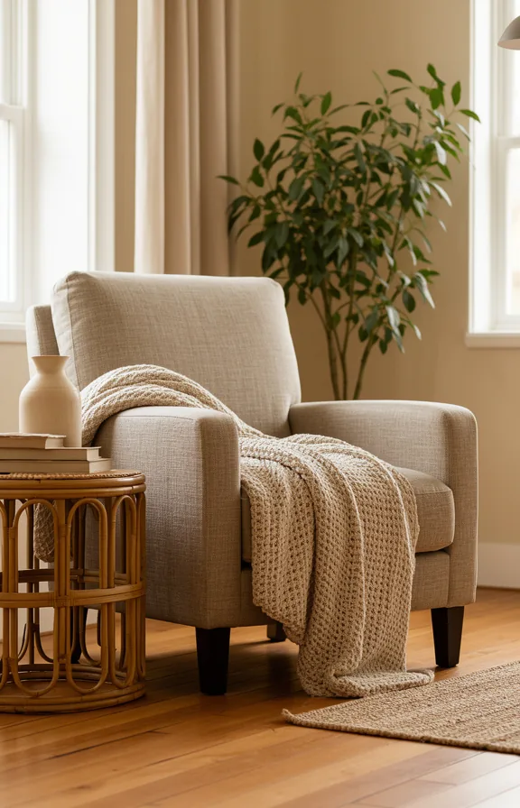 Medium shot of neutral linen upholstered armchair in natural living room setting