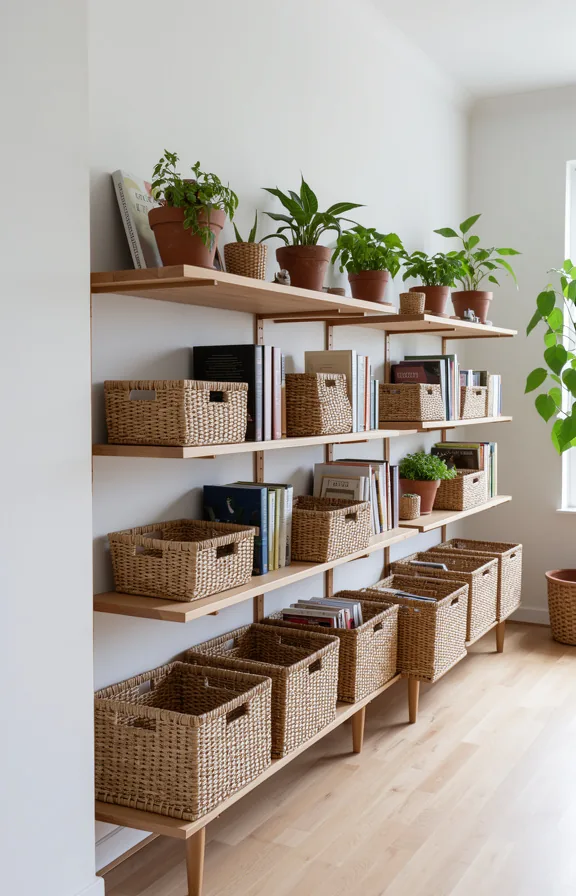 wooden shelves holding books and plants, white walls