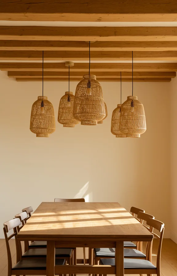 Full dining room ceiling view showing rattan pendant light clusters suspended over wooden table