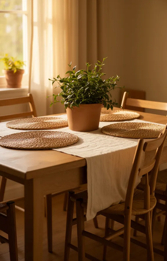 Medium dining table shot featuring cream linen table runner down center