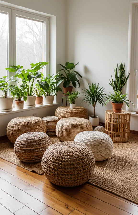 3/4 living room view with collection of natural fiber woven poufs in varying heights and textures