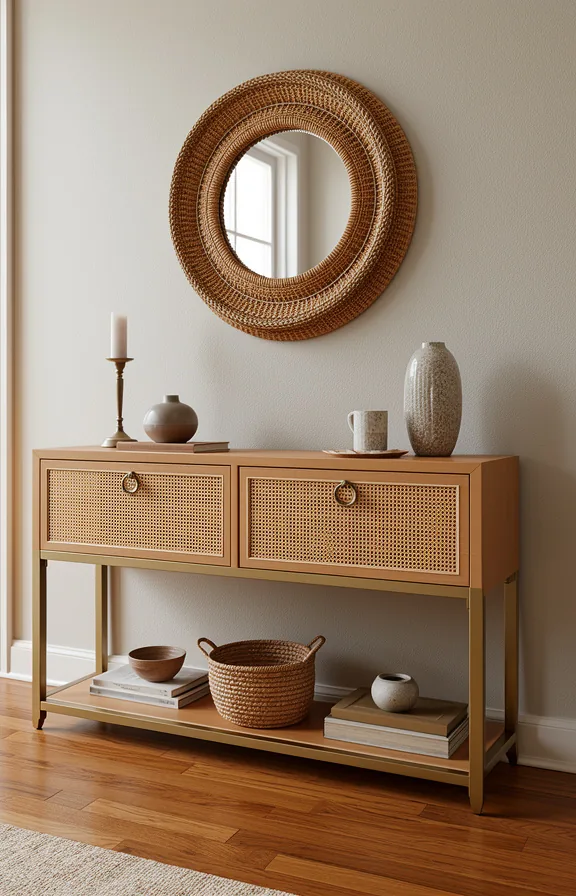 neutral wall color, woven mirror above, decorative objects arranged