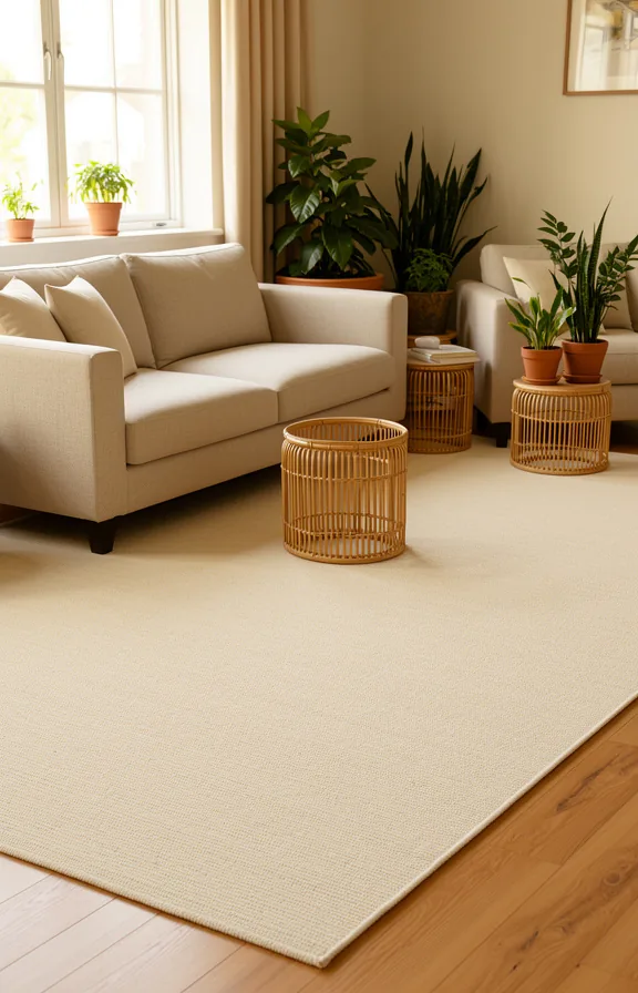 Full living room shot with cream linen area rug as foundation