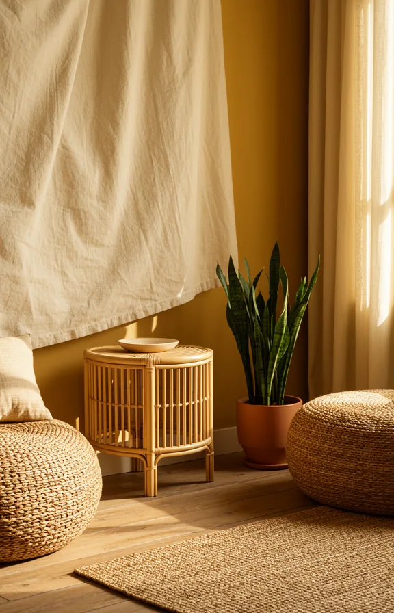 3/4 angle view of living room corner featuring natural linen draped accent wall