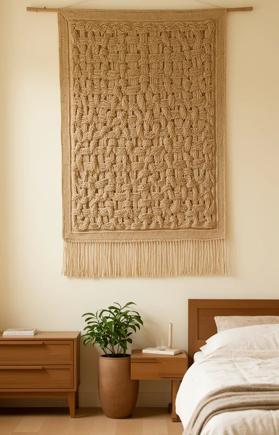 cream walls, wooden furniture, potted plant below, soft morning light