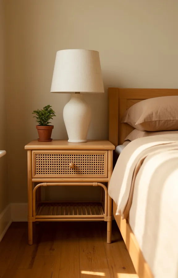 Medium shot of rattan bedside table paired with cream linen lampshade