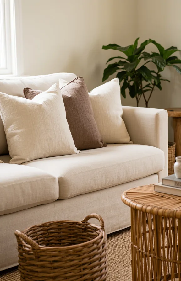 3/4 living room corner showing layered linen throw pillows in cream and taupe on sofa