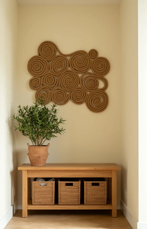 cream painted walls, wooden console below, potted plant