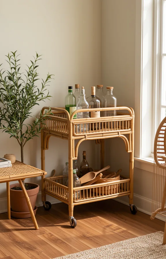 Medium shot of rattan bar cart in living room corner