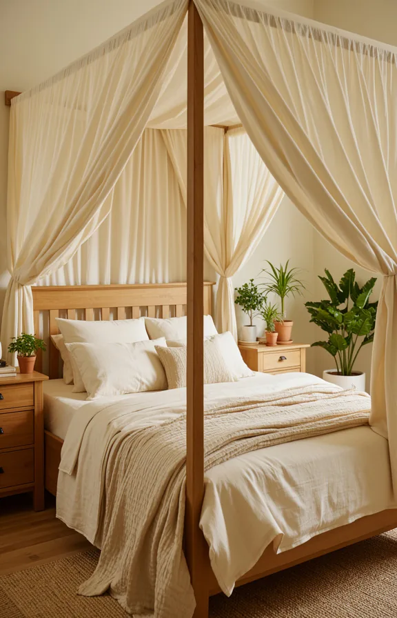 Full bedroom view with cream linen canopy frame above wooden bed