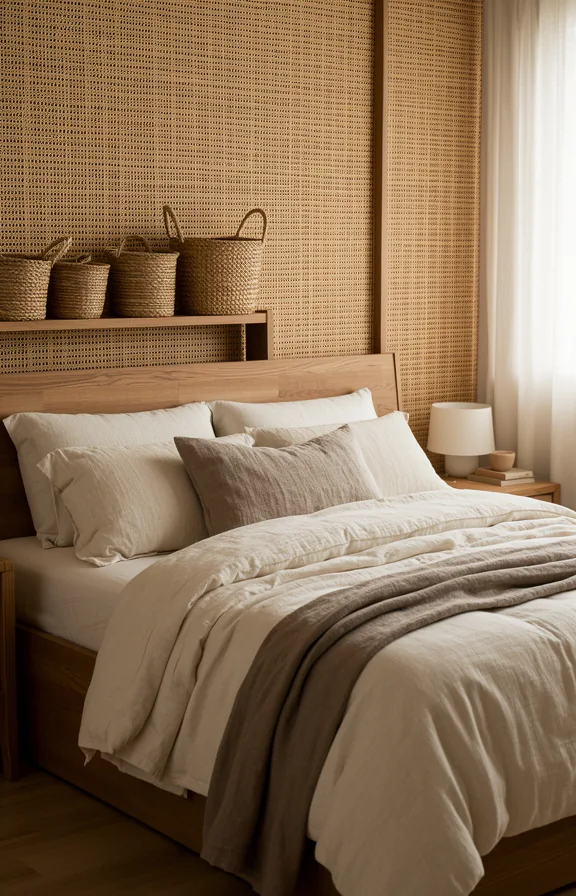 natural wood furniture, layered linen bedding in cream and taupe