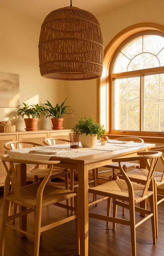 3/4 view of dining room with rattan pendant light fixture above wooden table
