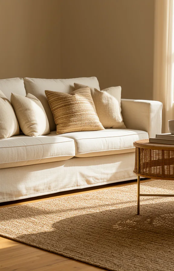Medium shot of living room featuring cream linen sofa as focal point