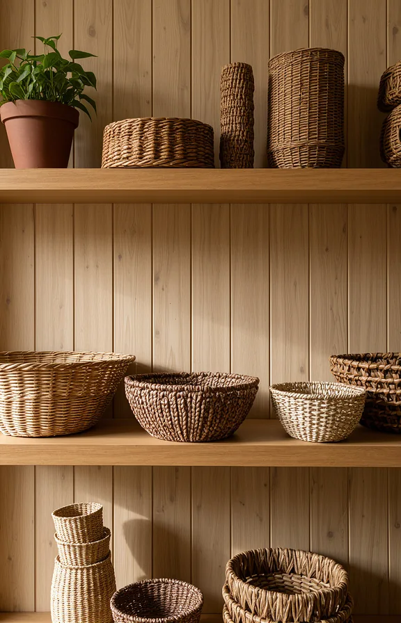 arranged on floating wooden shelves, natural wood wall paneling