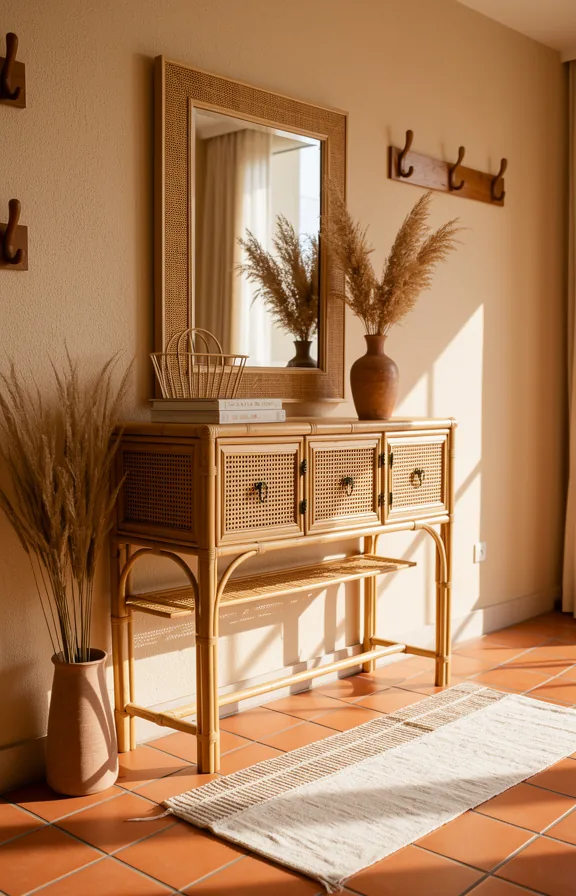 Full entryway with terracotta tiled floor, rattan console table with brass hardware