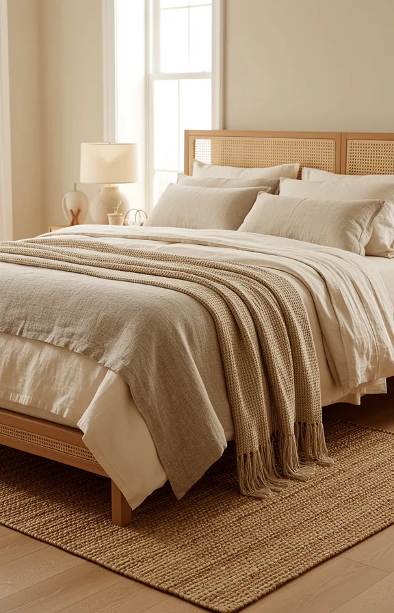 3/4 bedroom view showcasing layered cream and oatmeal linen bedding