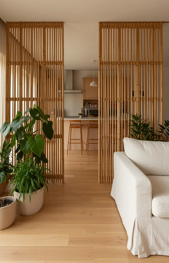 showing kitchen beyond, natural wood flooring, cream linen sofa visible on other side