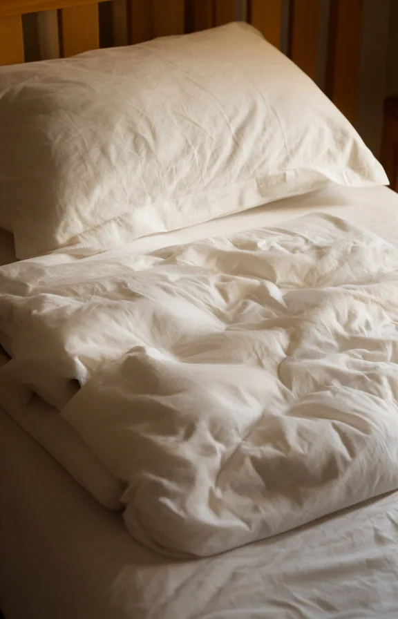 3/4 view of white bed pillows that are visibly flat and compressed