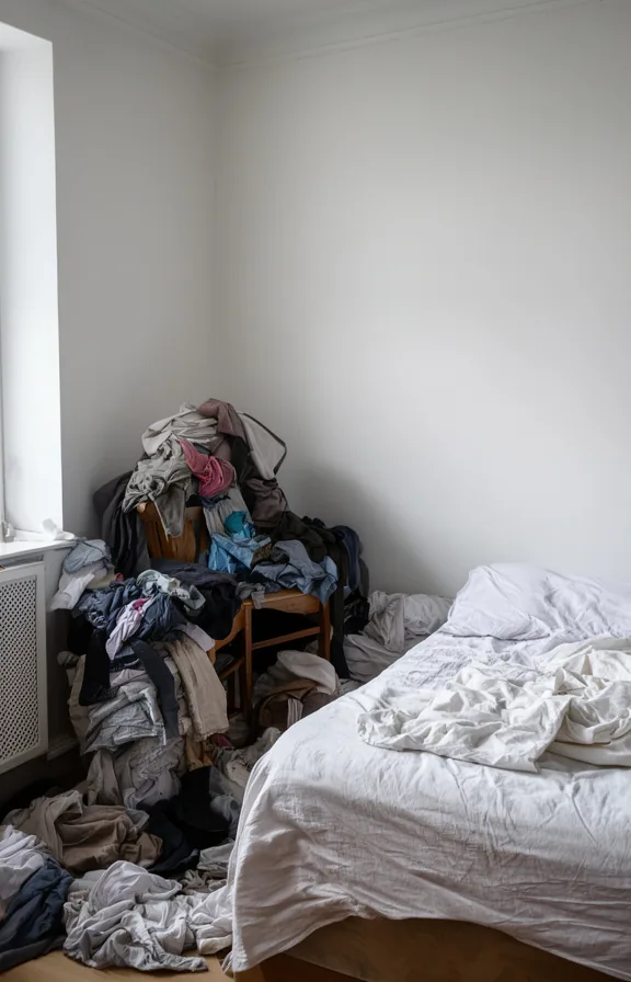 overflowing laundry situation, unmade bed, white walls, morning overcast light